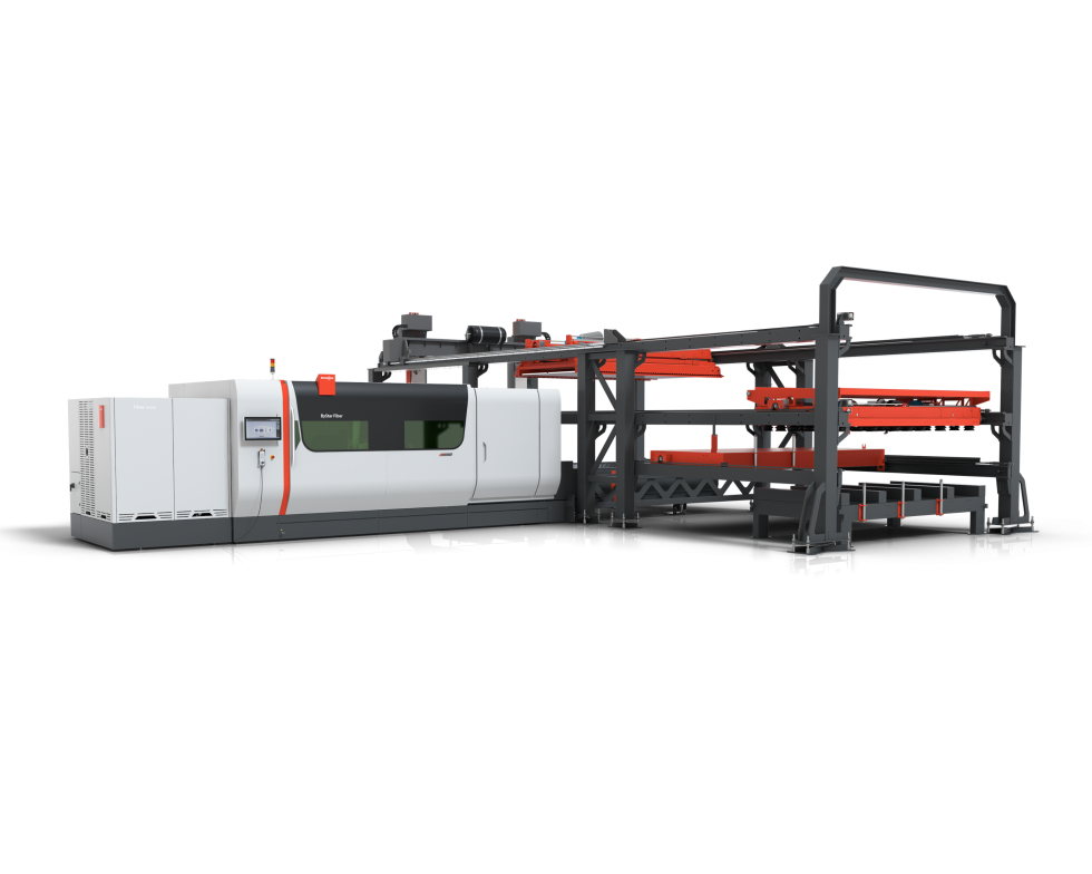 ByStar Fiber fiber laser cutting machine with ByTrans Modular loading and unloading automation solution for laser system